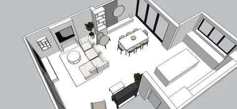 3D layouts showing furniture arranged around a chimney breast in a double reception room