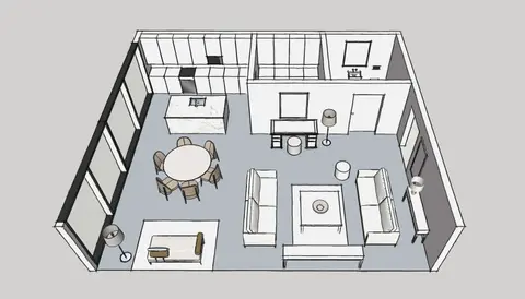 3D furnished floorplan of an open-plan living and dining room