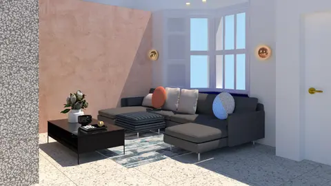 3D visualisation of a living room scheme with a grey sofa and plaster walls