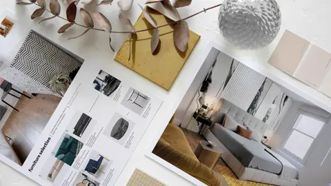 Interior design moodboard with fabric, finish and furniture samples