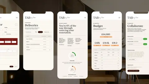 Tab My Home app screens showing deliveries, budget and collaborators